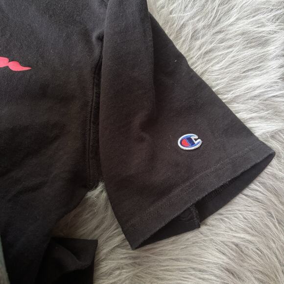 Champion Mens Sz L Black T Shirt Heavyweight Cotton Red Spell Out Logo Teens - Picture 7 of 9